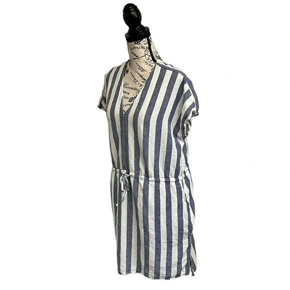 Rails Wren Vertical Stripe Dress L Blue White Mini Summer Linen Blend Sporty - Picture 3 of 12